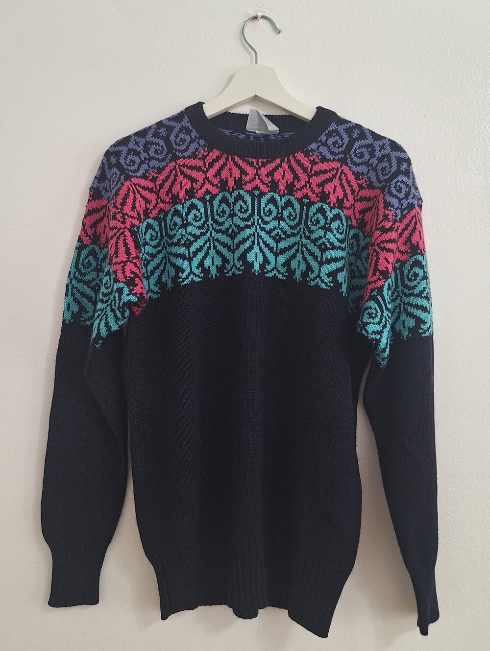Meister Vintage Black Crewneck Sweater with Pink, Teal & Purple Patterned Yoke